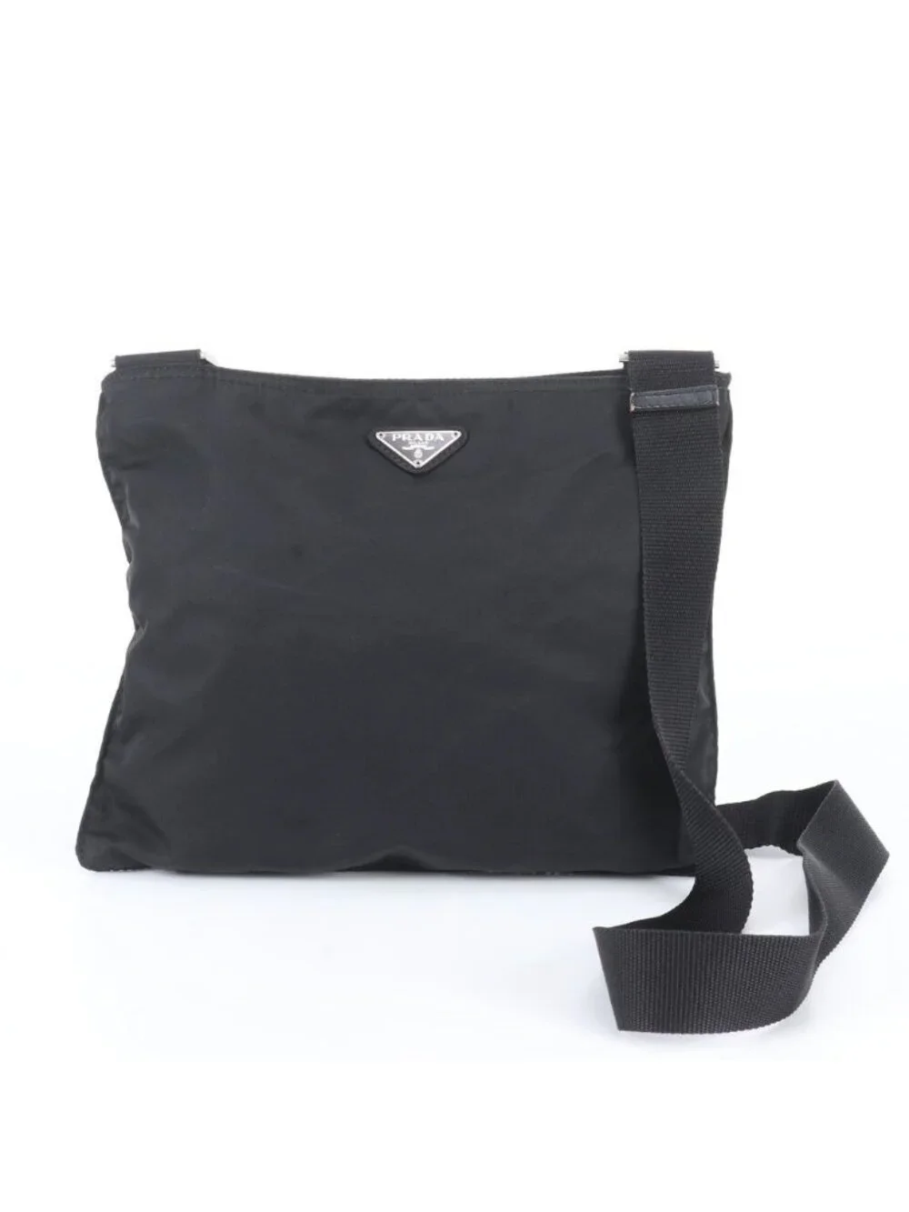 Prada Tessuto Nylon Triangle Logo Leather Shoulder Bag Crossbody Messenger Black